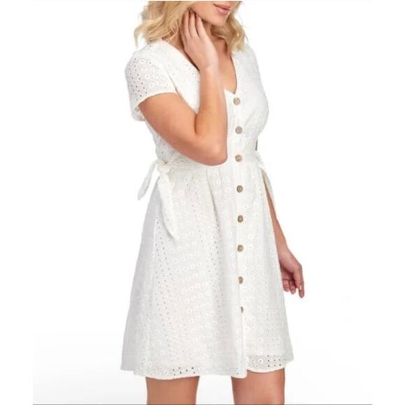 June & Hudson Women’s M White Eyelet Lace Button Front Tie Waist Mini Dress - Picture 1 of 7